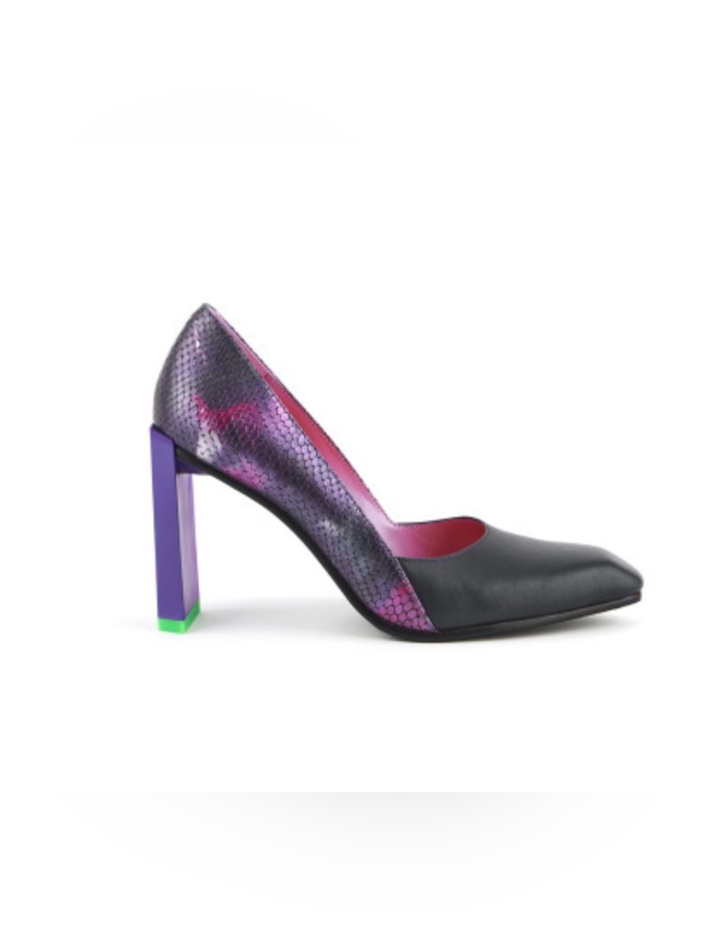United Nude Black and Purple Block Heel Pumps with Pink Interior